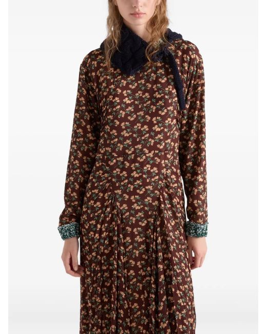 Prada フローラル ニットトリム プリーツドレス Brown