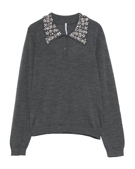Liviana Conti Gray Embellished-Collar Polo-Neck Sweater