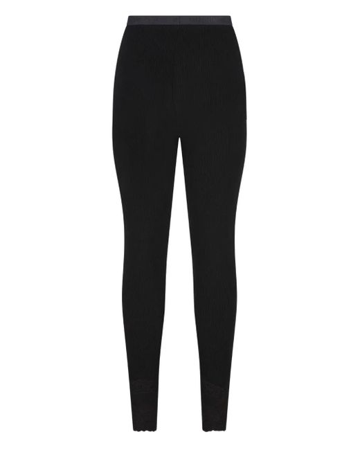 Valentino Garavani Black Ribbed Lace-Detailed Leggings