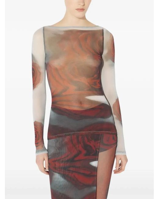 Jean Paul Gaultier Red Long-Sleeve Semi-Sheer Top