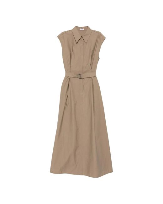 Brunello Cucinelli Natural Robe Mi-Longue Sans Manches À Taille Ceinturée