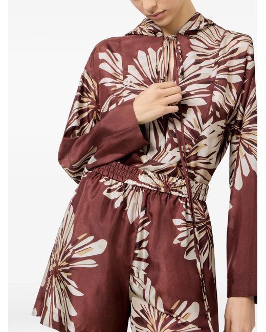 Brunello Cucinelli Red Silk Bloom Print Pongee Shirt With Hood