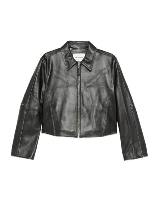 Low Classic Gray Zip-Front Cropped Leather Jacket