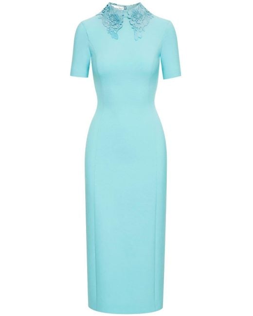 Oscar de la Renta Blue Floral Guipure-collar Midi Dress