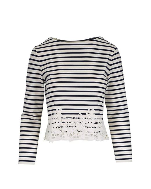 Veronica Beard Black Striped-Pattern Lace-Detail T-Shirt