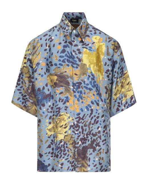 Fendi Blue Falena-Print Short-Sleeve Shirt for men