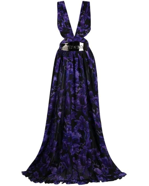 Philipp Plein Blue Chiffon-Kleid Mit Blumen-Print