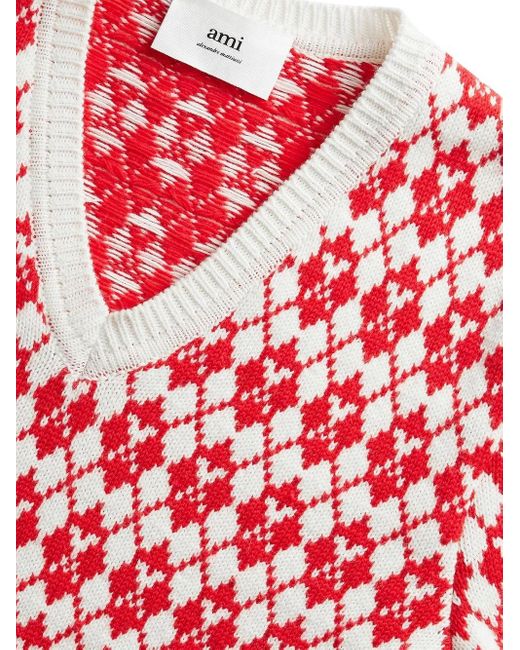 AMI Red Ami De Coeur Argyle Jumper