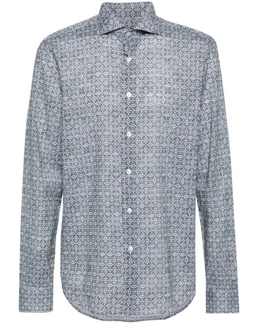 Fedeli Blue Geometric-print Cotton Shirt for men