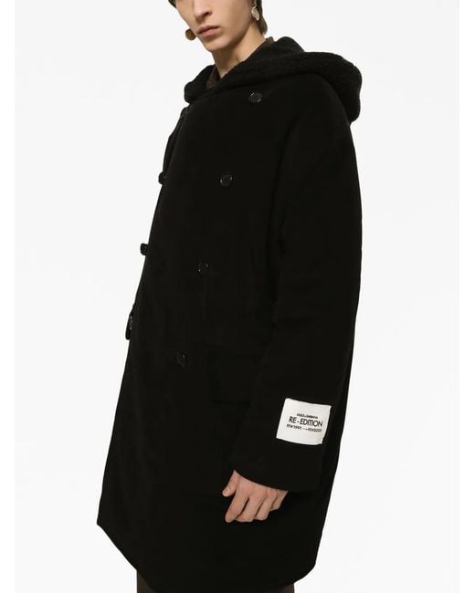 Dolce & Gabbana Black Fustian Coat With Shearling Hood for men