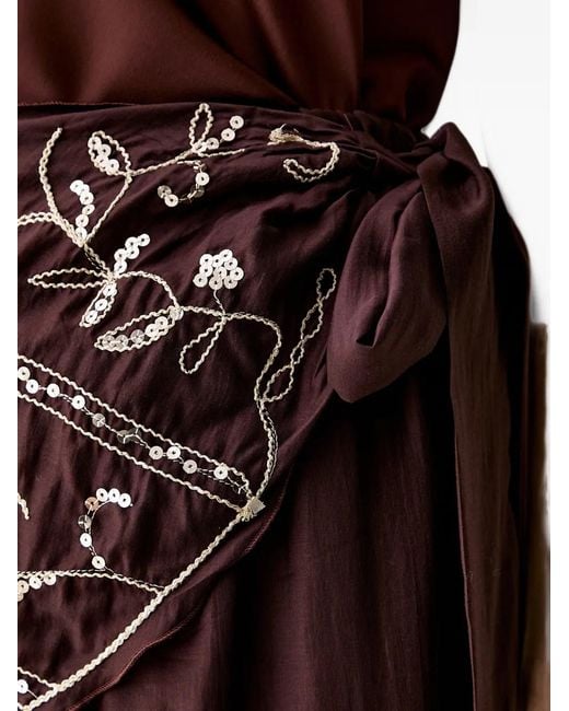 Haveone Brown Sequin-Embellished Wrap-Panel Trousers