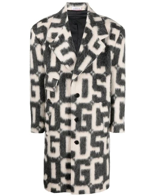 Gcds Black Monogram-Print Single-Breasted Coat for men