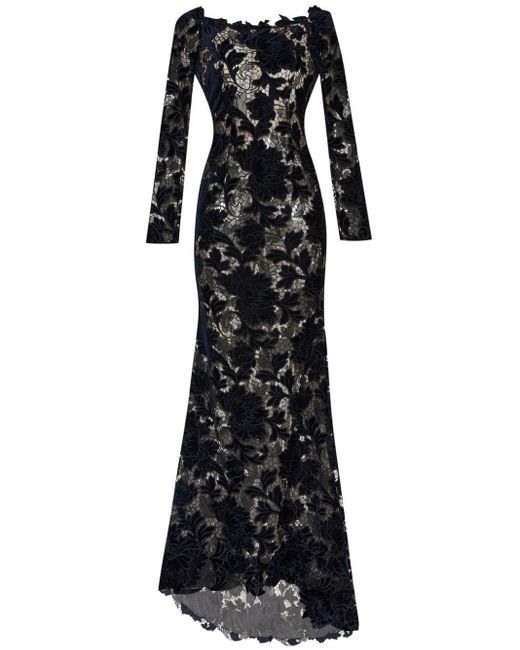 Oscar de la Renta Black Peony Velvet Guipure Gown
