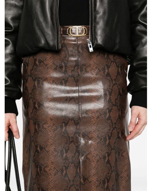 Twin Set Brown Lizard-Effect Faux Leather Midi Skirt