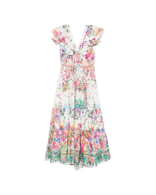 Paperlace White Floral-Print Ruffled Midi Dress