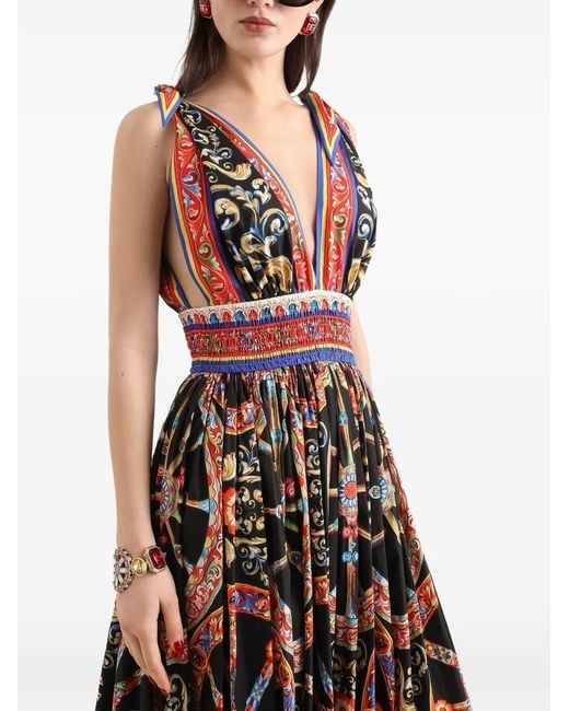 Dolce & Gabbana White Carretto-Print Long Poplin Dress