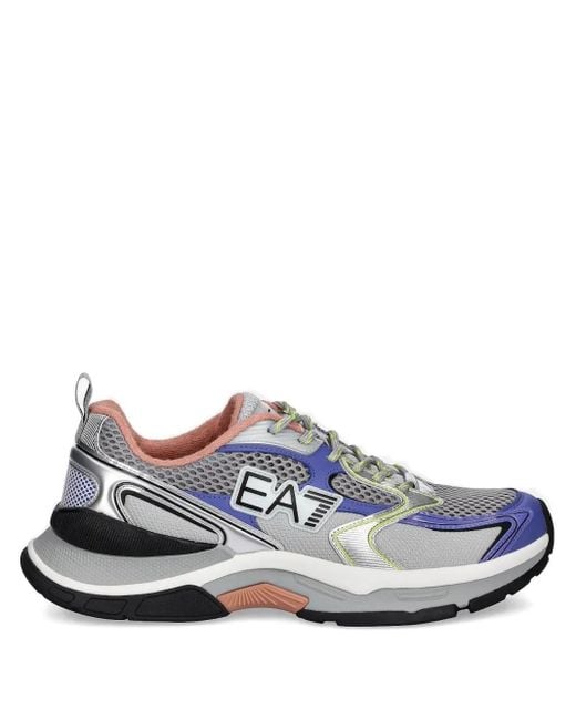 EA7 Blue Metallic-Effect Panelled Mesh Low-Top Sneakers