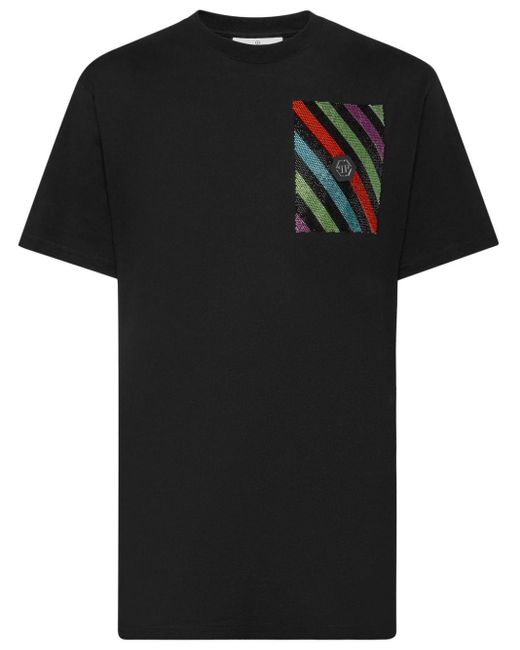 Philipp Plein Black Embellished Rainbow Stripes T-shirt for men