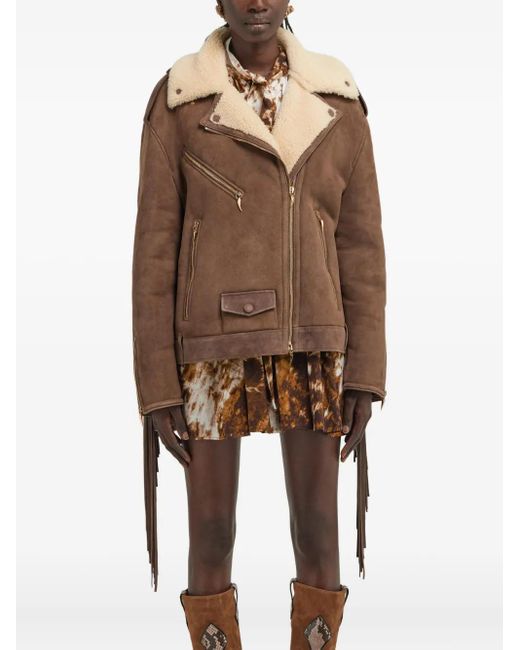 Roberto Cavalli シアリングトリム レザージャケット Brown