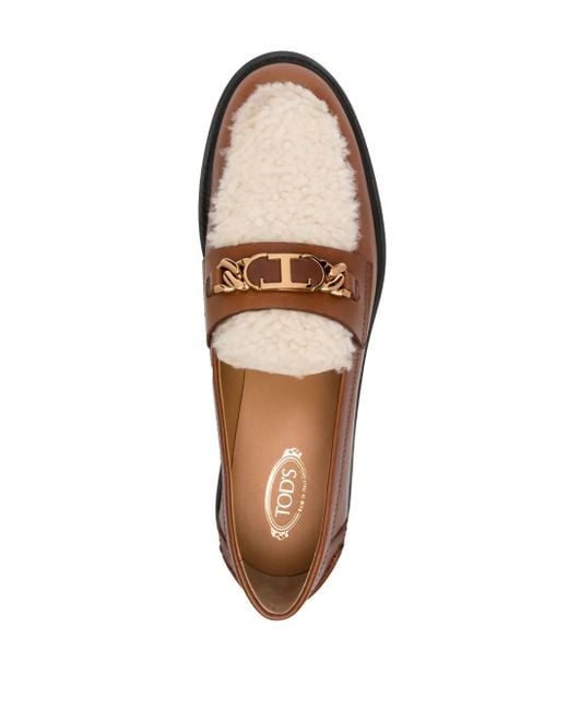 Tod's Brown And White Chain-detail Shearling Leather Loafers - Women's - Calf Leather/wool/rubber