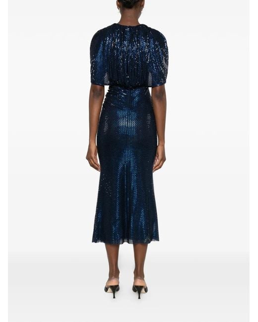 Self-Portrait Blue Rhinestone-Embellished Cape-Sleeve Midi Dress