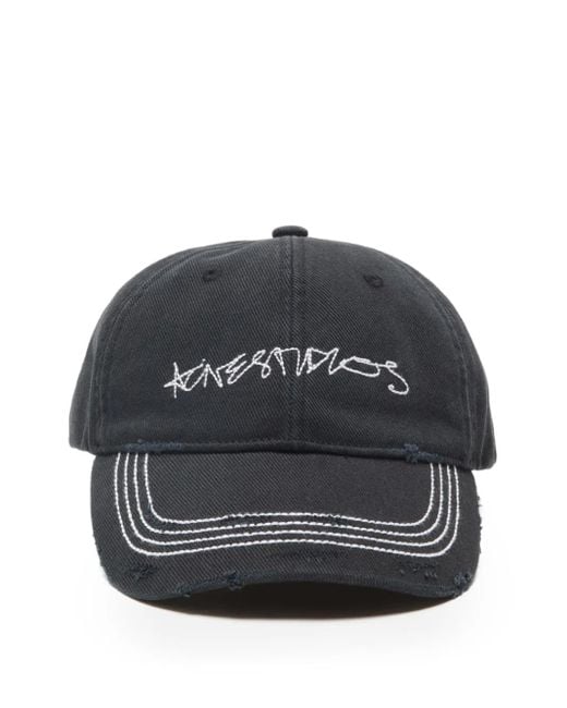 Acne Black Embroidered Distressed Baseball Cap