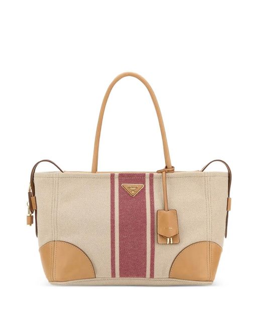 Prada Pink Large Triangle Logo Striped Tote Bag