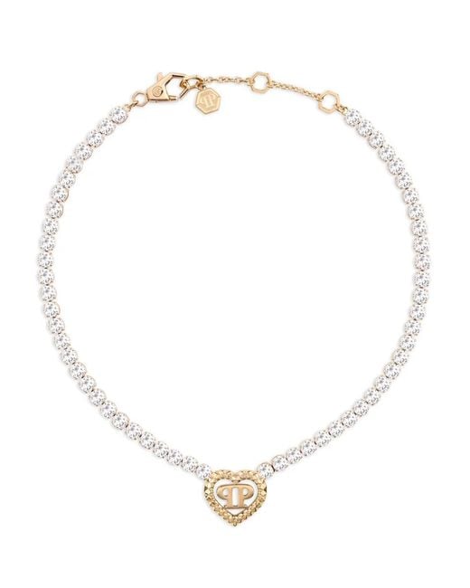 Philipp Plein White Rocked Hearts Necklace