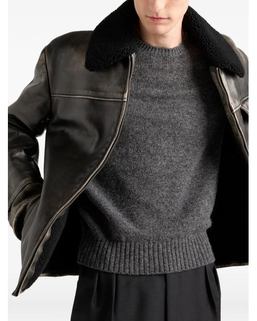Prada Black Shearling-Trimmed Leather Jacket for men