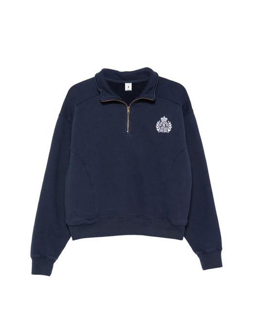 Sporty & Rich Blue Crest-Embroidered Quarter-Zip Sweatshirt