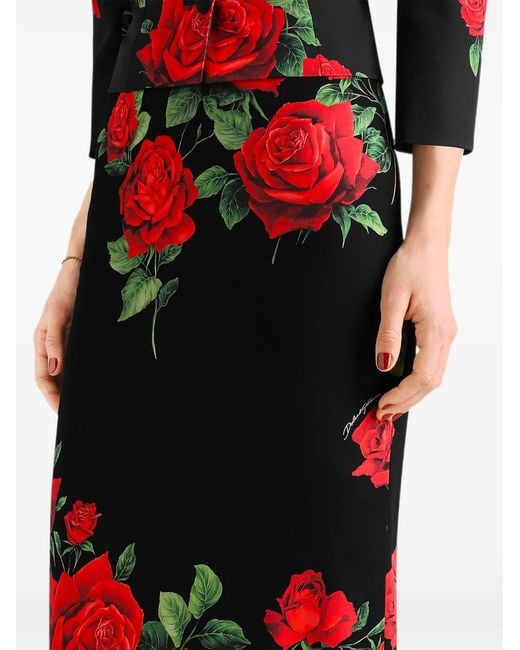 Dolce & Gabbana Red Rose-Print Pencil Midi Skirt