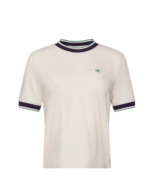Calvin Klein Natural Logo-Embroidered Striped-Trim T-Shirt