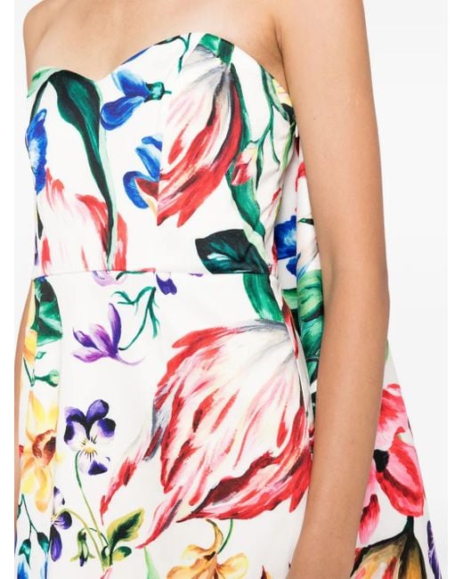 Marchesa Blue Mikado Floral-Print Mini Dress