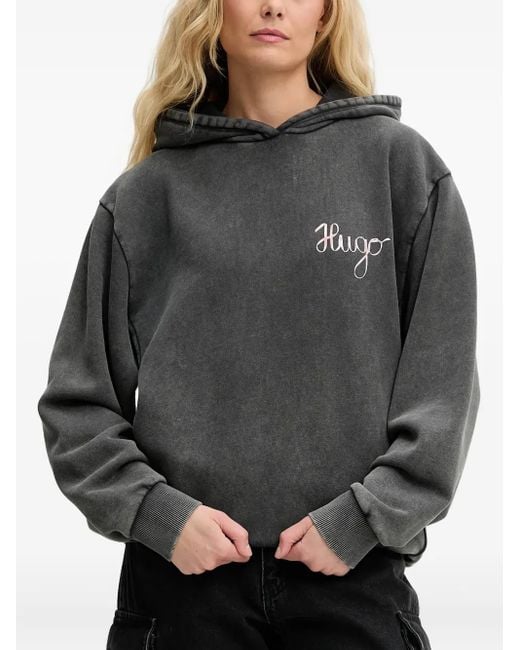 HUGO Gray Logo-Embroidered Hoodie