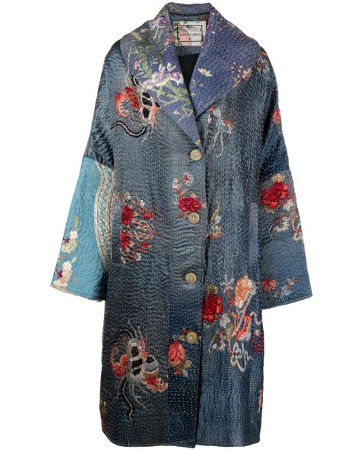 By Walid Blue Embroidered Single-breasted Silk Coat