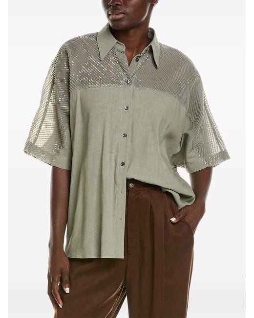 Brunello Cucinelli Gray Sequin-Embellished Sheer-Yoke Shirt