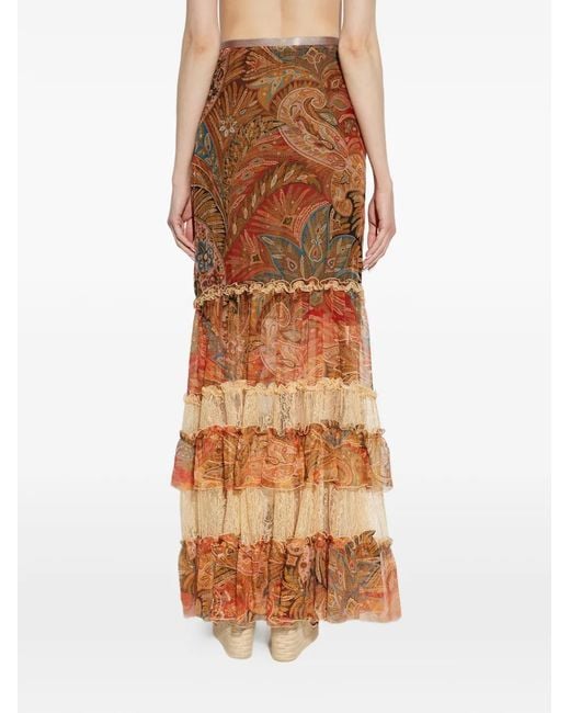 Etro Brown Ruffled Paisley-Print Maxi Skirt