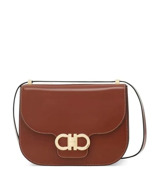 Ferragamo Brown Double Gancini North-South Logo-Buckle Shoulder Bag