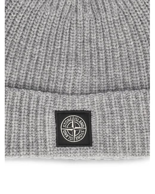 Stone Island Gray Logo-Patch Ribbed-Knit Beanie Hat for men