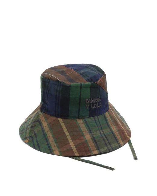 Bimba Y Lola Green Patchwork-Plaid Cotton Bucket Hat
