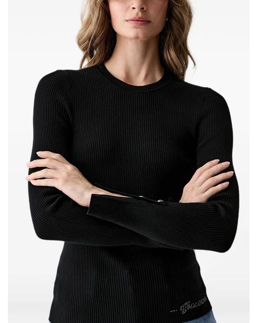 Guess Black Ellie Ribbed-Knit Button-Cuff Sweater