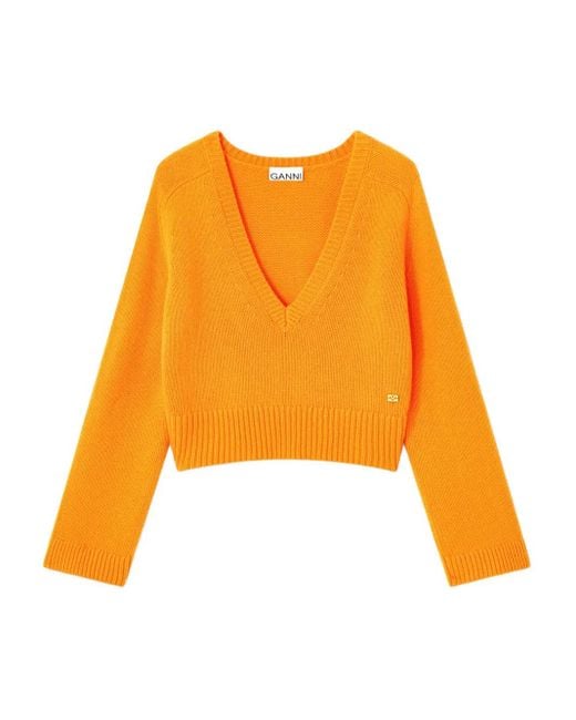 Ganni Orange Cashmere Deep-V-Neck Sweater