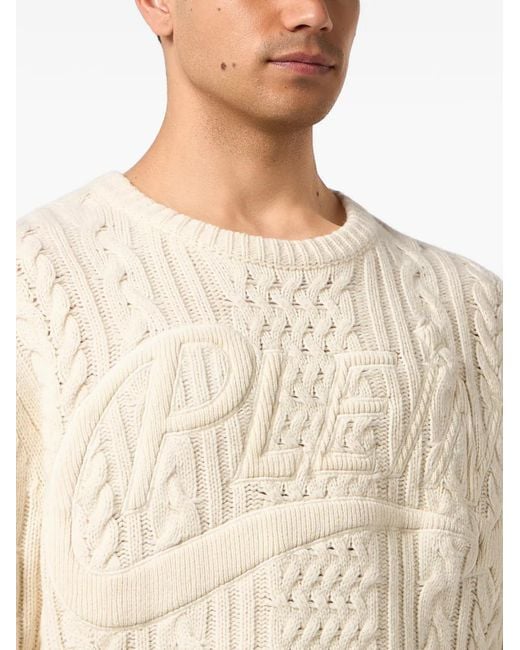 Philipp Plein White Plein Star Cable-Knit Sweater for men