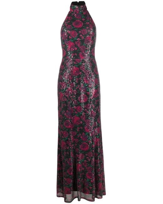 ROTATE BIRGER CHRISTENSEN Purple Rose-Pattern Sequin Maxi Dress