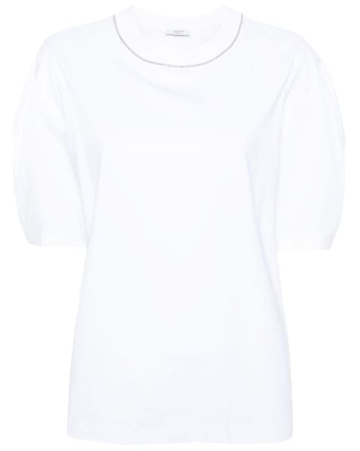 Peserico White T-Shirt mit Perlenbesatz