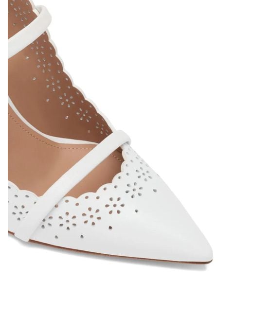 Malone Souliers White Pointed-Toe Scalloped-Trim Heeled Pumps