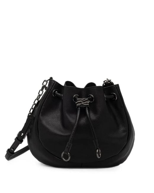 Karl Lagerfeld Black Logo-Plaque Drawstring Bucket Bag