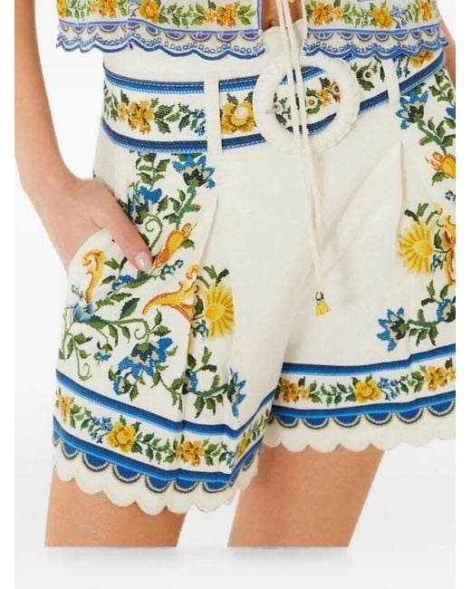 Farm Rio Blue Emily Floral-Print Scalloped-Edge Shorts