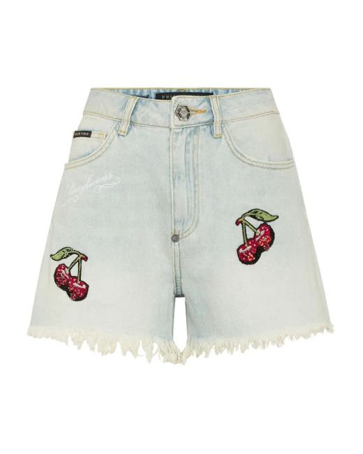 Philipp Plein Gray Denim Shorts Cherries