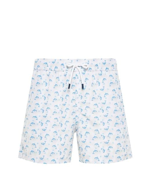 Fedeli Blue Dolphin-Print Swim Shorts for men